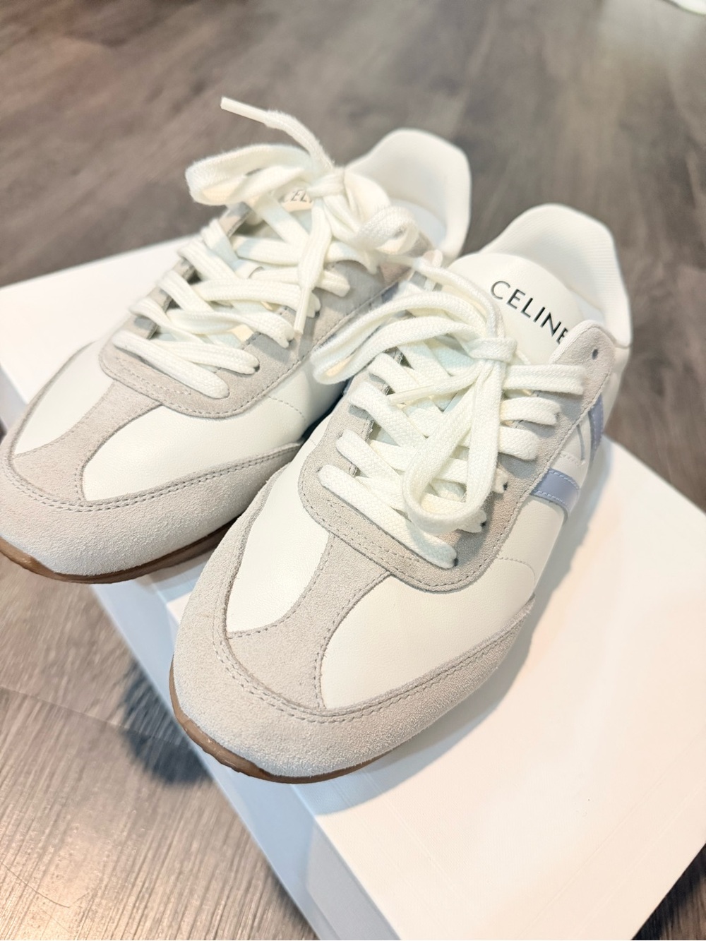 Celine White and Light Gray Suede-Trim Runner Sneakers